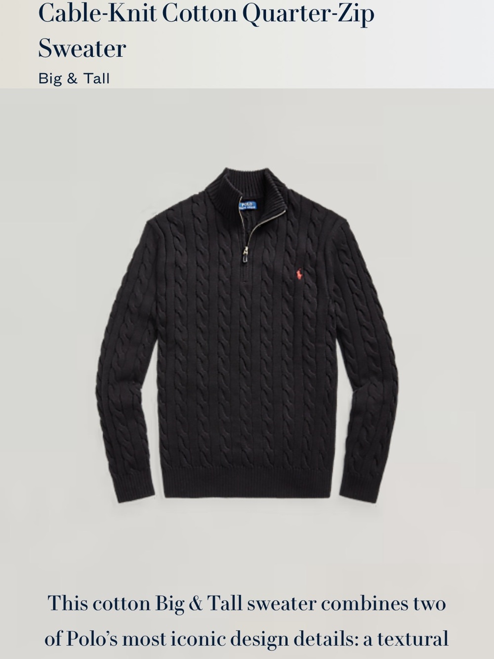 Polo by Ralph Lauren Black Cable-Knit Quarter-Zip Sweater